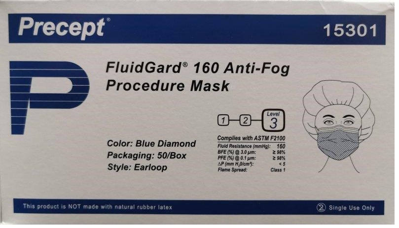 Precept 15301 FluidGard 160 Anti-Fog Procedure Mask (50/Box)