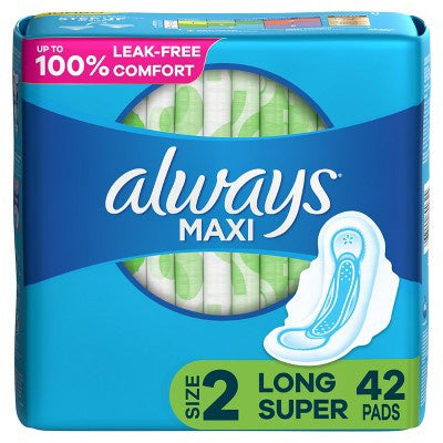 Always Maxi Pads Long Super Absorbency Unscented With Wings - Size 2-42CT