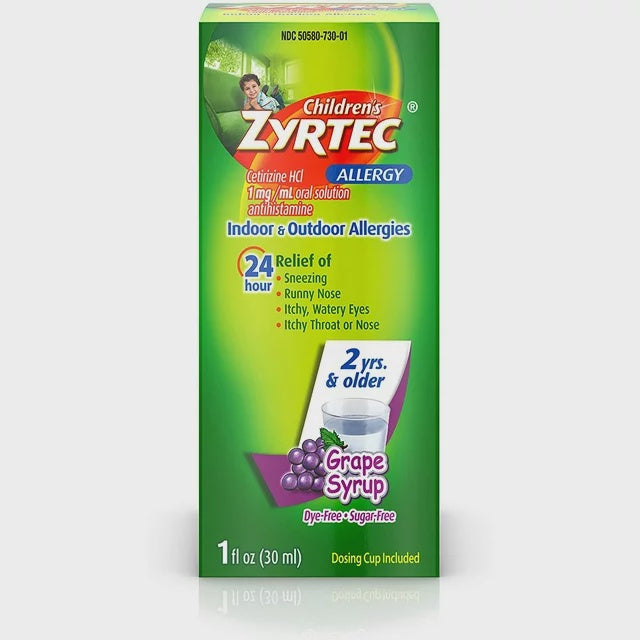 Zyrtec Childrens Allergy Syrup, Dye-free, Sugar-Free Grape Flavor, 1 oz