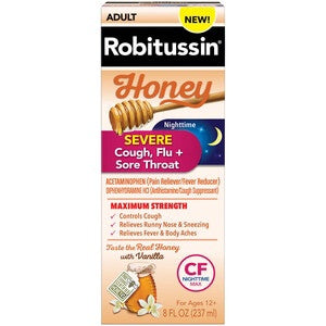 Robitussin (Honey) Severe Cough, Flu & Sore Throat, Nighttime, Ages 12+ (8 Fl oz)