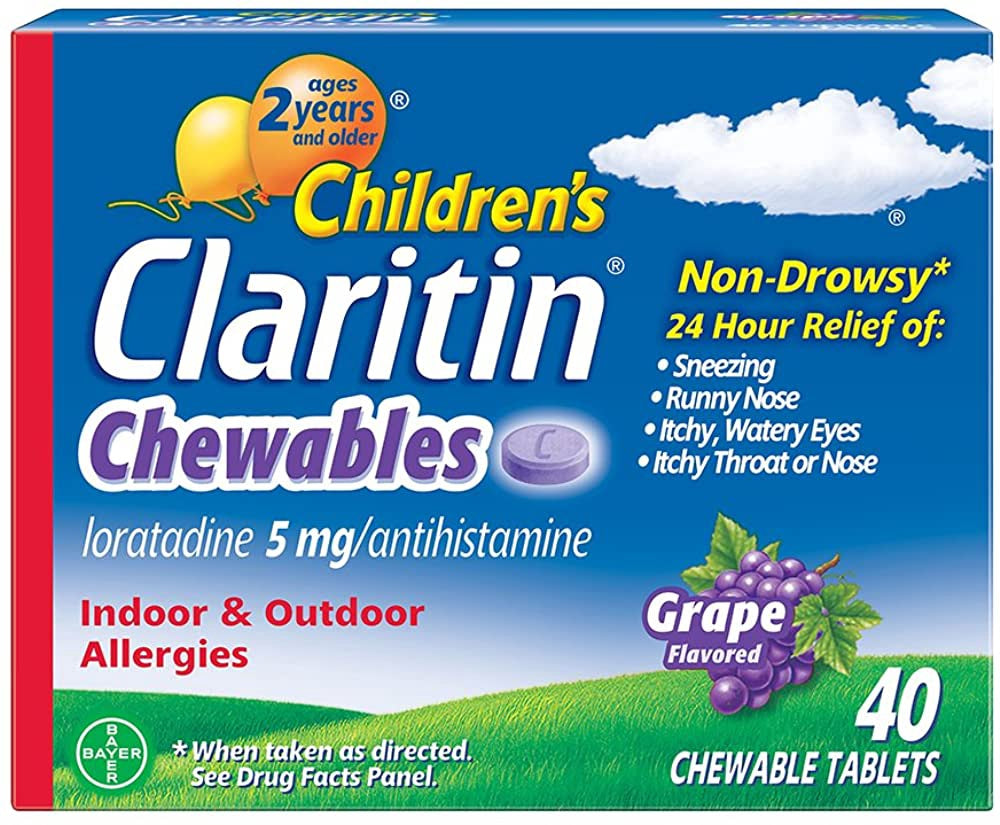 Claritin Children's Chewable 5 mg. 24 Hour Non-Drowsy, 40 Grape Chewable Tablets