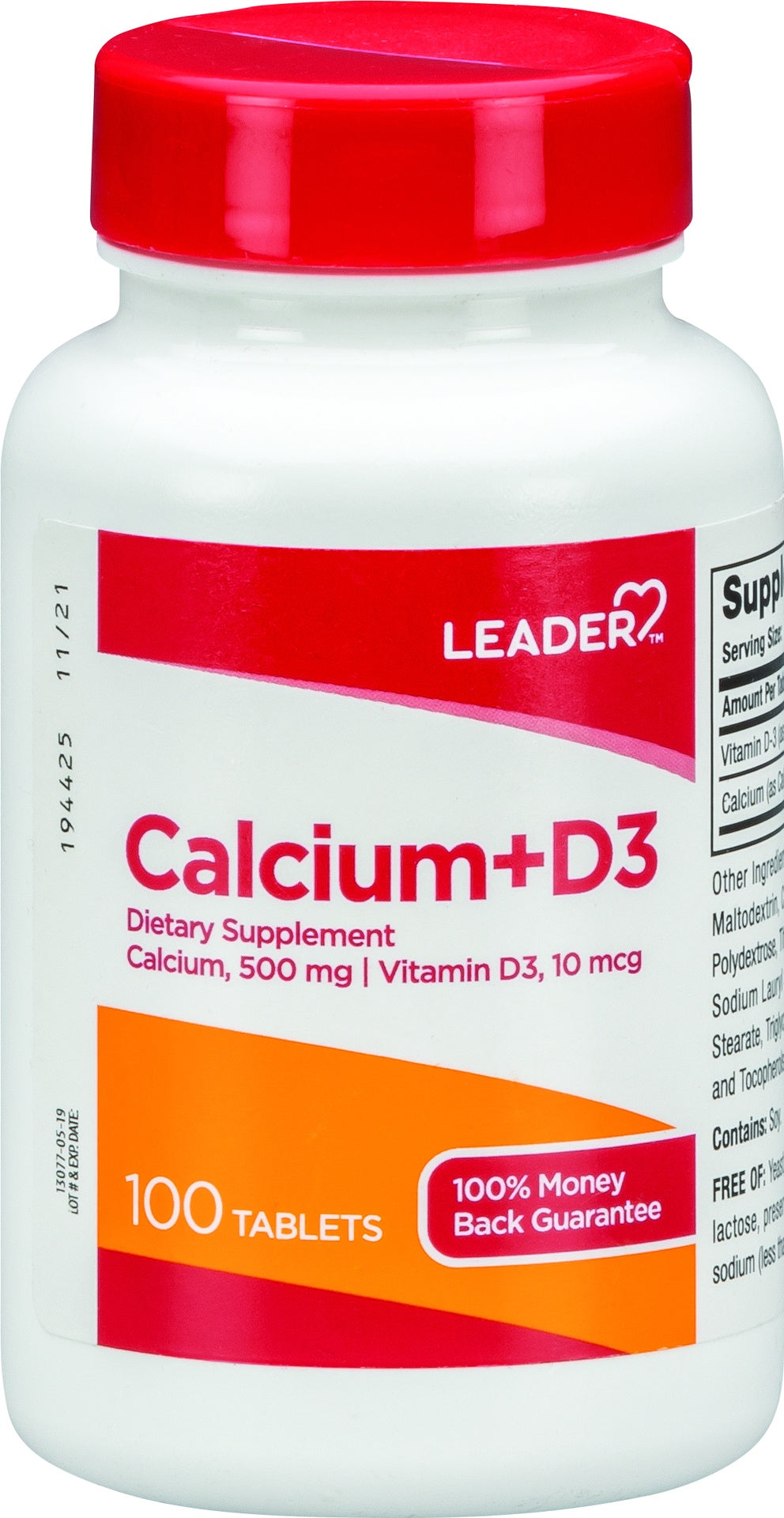 LEADER CALCIUM + D3 CALCIUM, 500MG VITAMIN D3, 10MCG 100TBS