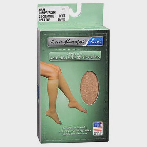 Loving Comfort Knee High Support Stockings Firm Beige Open Toe Count of 2
