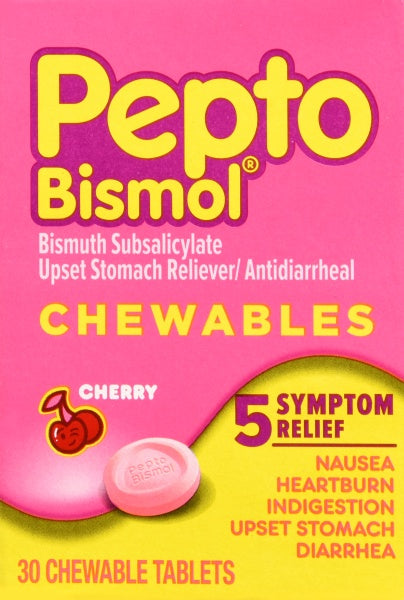 Pepto-Bismol 5 Symptom Digestive Relief Chewable Tablets, Cherry, 30 Ct