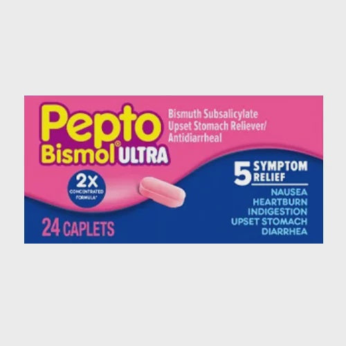 Pepto Bismol Upset Stomach Reliever/Antidiarrheal, Ultra, Caplets - 24 caplets