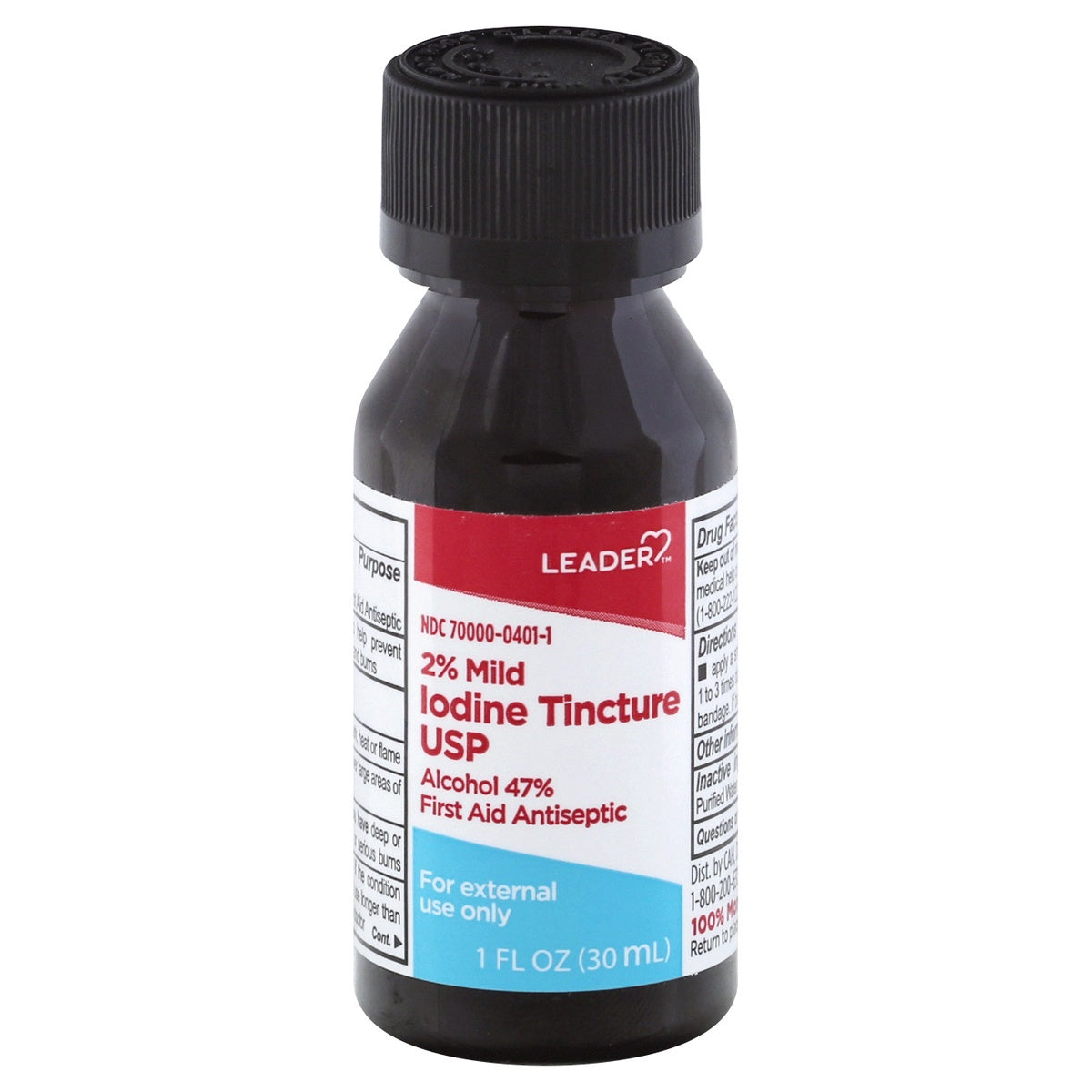 LEADER 2% MILD IODINE TINCTURE USP ALCOHOL 47% FIRST AID ANTISEPTIC 1 OZ