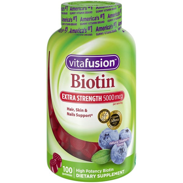 VitaFusion Biotin, Extra Strength, 5000 mcg, Gummies, Natural Blueberry Flavor - 100 gummies