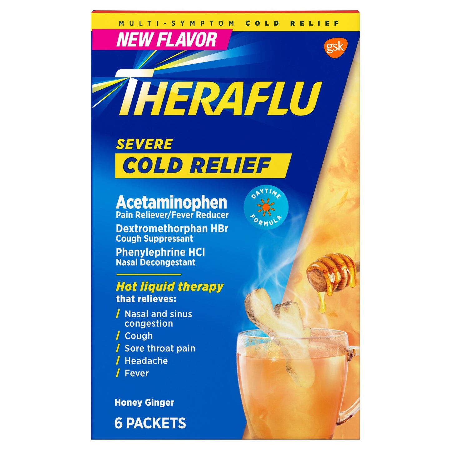 Thera flu Severe Cold Relief Daytime Powder, Honey Ginger, 6 CT