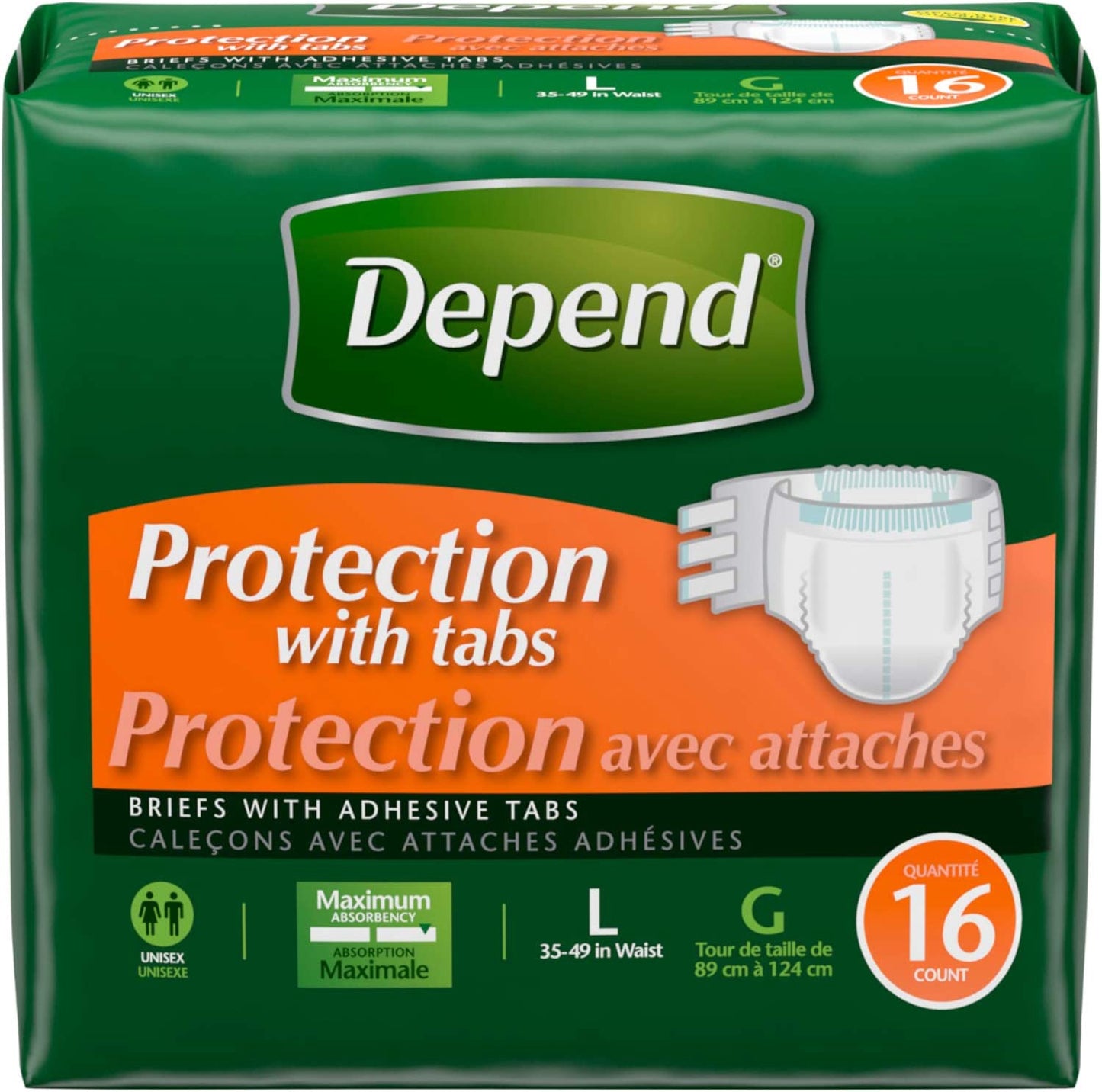 DEPEND FITTED BRIEFS WITH TABS MAXIMUM ABSORBENCY LARGE 16 CT
