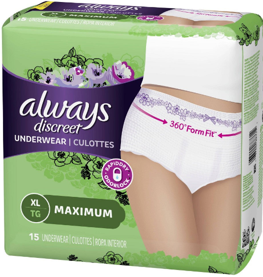Always Brand Discreet Incontinence Underwear Maximum Absorbency, Extra Large 15 Culottes 女性成人一次性内裤 特大号15片装