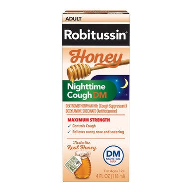 Robitussin Maximum Strength Honey Nighttime Cough DM, Cough Medicine for Adults Made with Real Honey for Flavor - 4 Fl Oz Bottle