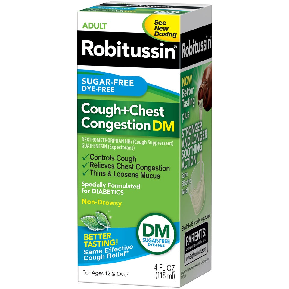 Robitussin Sugar Free Cough Chest Congestion DM and Cold Medicine, Mint, 4 fl oz