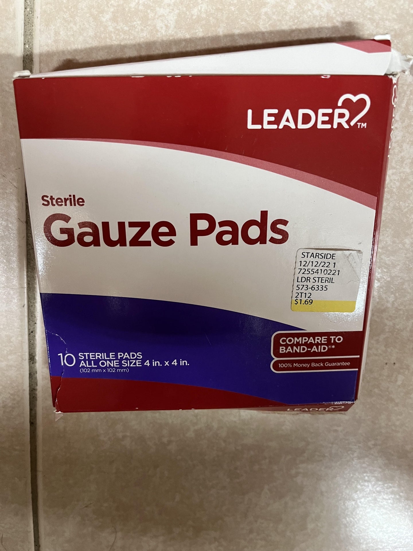 LEADER STERILE GAUZE 4"X 4" PADS 10 CT