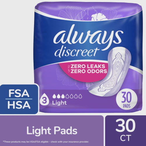 Always Discreet Incontinence Pads for Women, Light, 30 Count