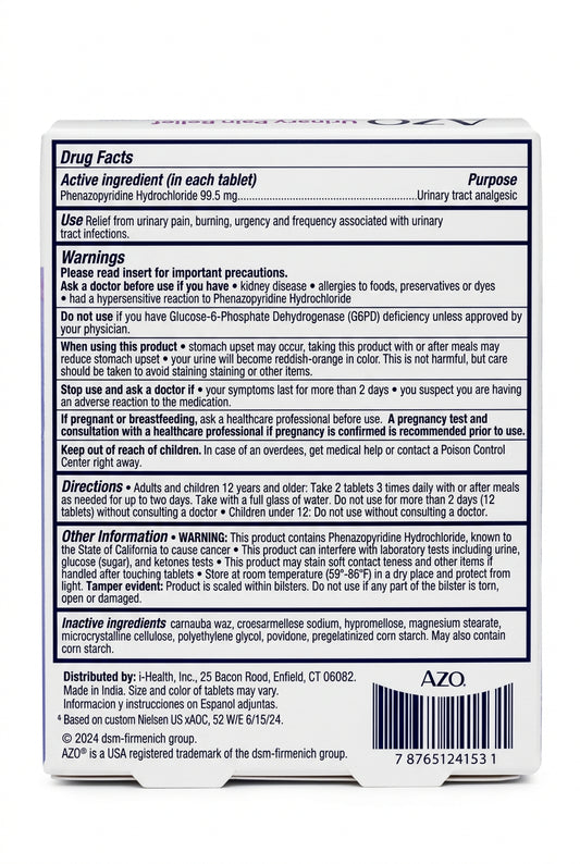 AZO 泌尿道止痛片 最大强度 99.5mg 24片 | 缓解尿痛、灼热、尿急、尿频