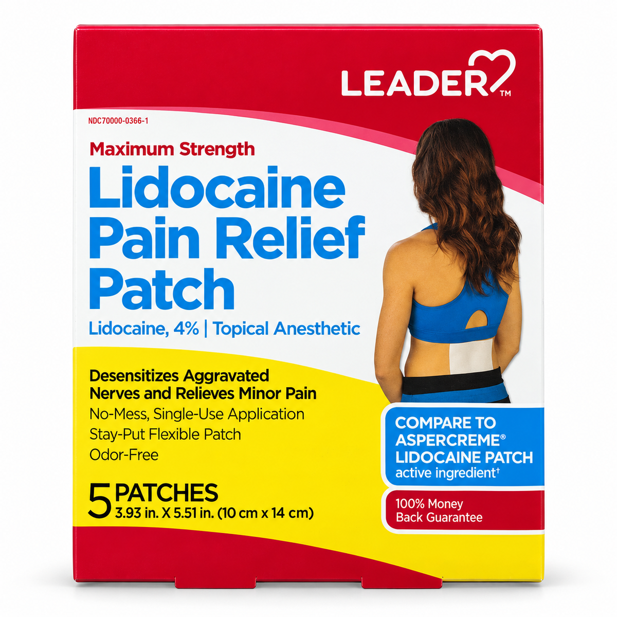 LEADER Maximum Strength Lidocaine 4% Pain Relief Patches, 5 Count (10 x 14 cm)
