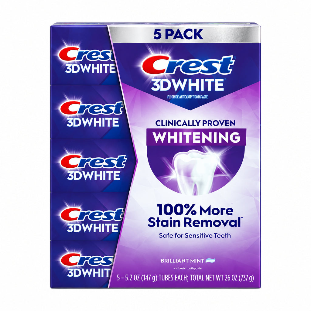 Crest 佳洁士 3D White 美白防蛀牙膏 5.2 oz×5支 | 含氟·清新薄荷 | Brilliant Mint Toothpaste 5 Pack