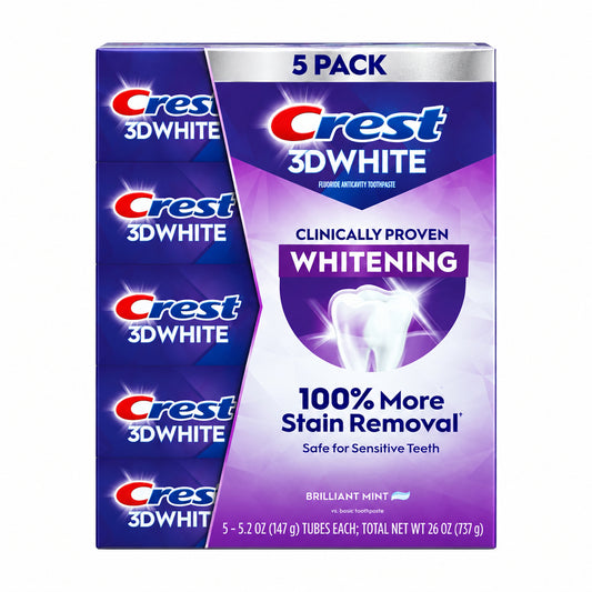 Crest 佳洁士 3D White 美白防蛀牙膏 5.2 oz×5支 | 含氟·清新薄荷 | Brilliant Mint Toothpaste 5 Pack