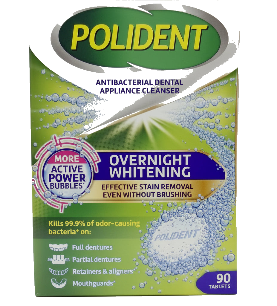 Polident® Tabletas limpiadoras blanqueadoras de dentaduras postizas de acción profunda nocturna, 90 unidades | Elimina el 99.9% de las bacterias, manchas de té y mal olor | Polident Overnight Whitening Denture Cleanser 90ct
