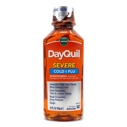 Original|VICKS DayQuil SEVERE Jarabe líquido para alivio de múltiples síntomas de resfriado y gripe 12 oz | No Somnoliento Alivia Fiebre Tos Congestión Nasal | DayQuil Severe Cold & Flu Líquido 12 Fl Oz
