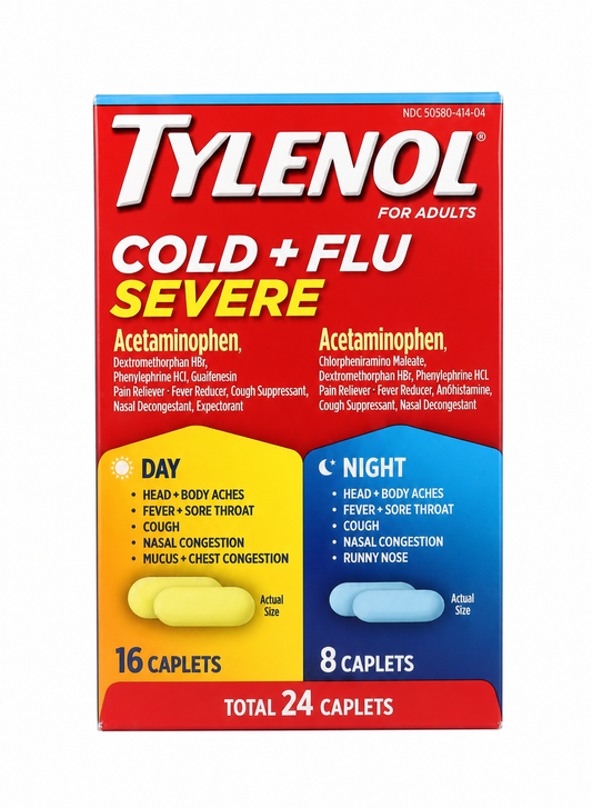 Tylenol Cold + Flu Severe 日夜双效胶囊，纯白背景商品图