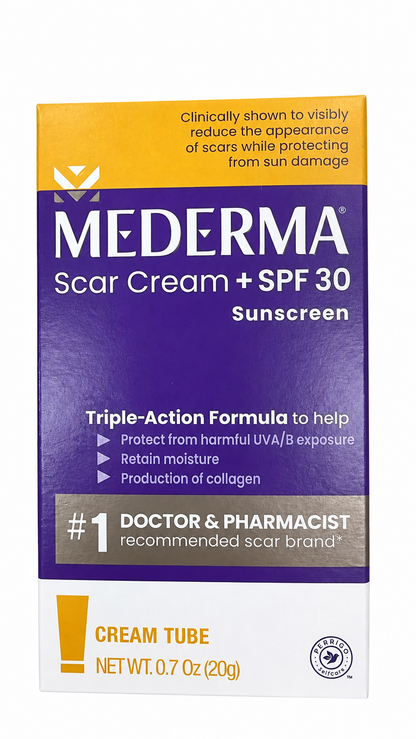 Mederma 医生推荐祛疤霜 SPF30，纯白背景商品图