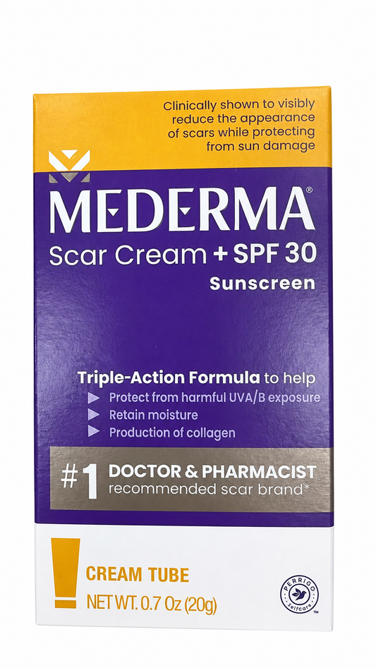 Mederma 医生推荐祛疤霜 SPF30，纯白背景商品图