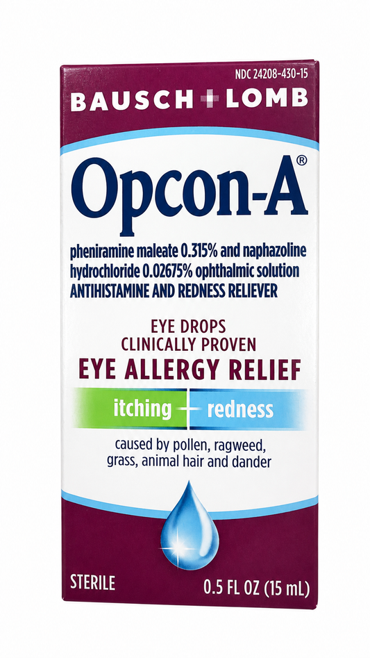 Bausch+Lomb Opcon-A 眼部过敏滴眼液，纯白背景商品图