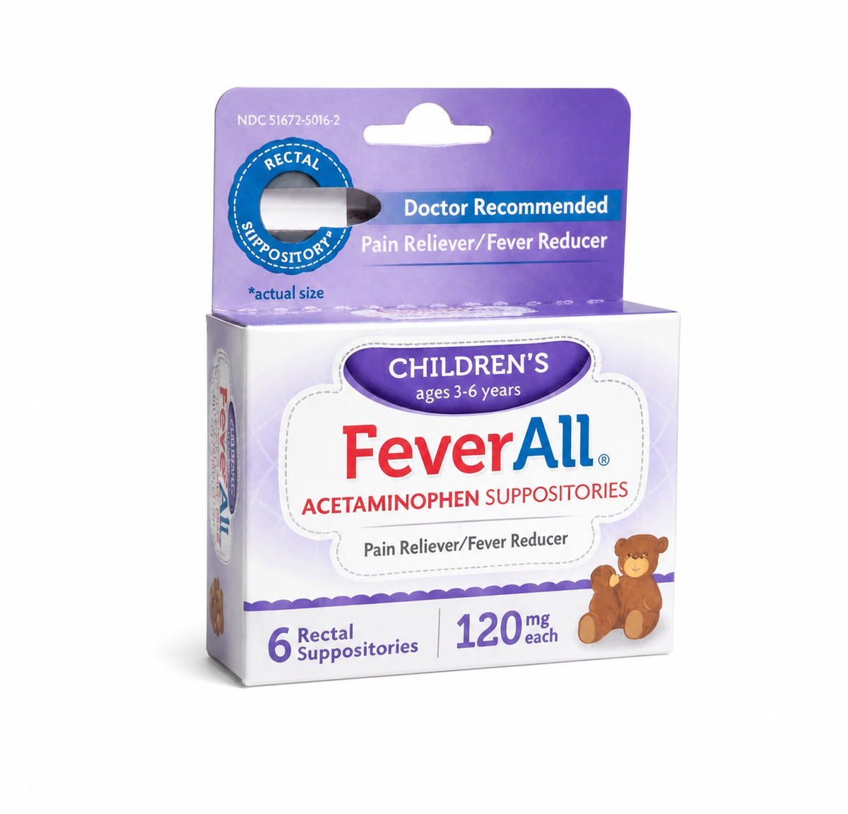 儿童 FeverAll 对乙酰氨基酚栓剂，纯白背景商品图