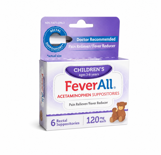 儿童 FeverAll 对乙酰氨基酚栓剂，纯白背景商品图