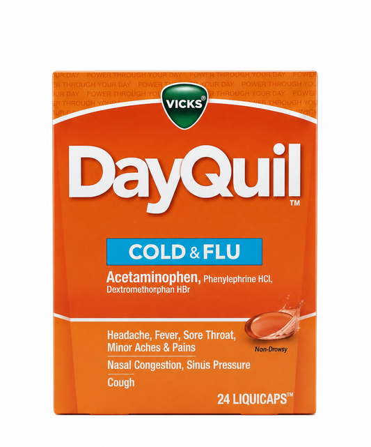 Vicks DayQuil Cold & Flu 日间感冒胶囊，纯白背景商品图
