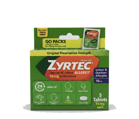 原研|西替利嗪ZYRTEC 抗过敏片 10mg 5片随身装 | 24小时非嗜睡 | Cetirizine HCl Allergy Go Packs