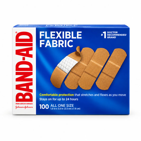 BAND-AID 邦迪柔韧布质创可贴 100片 | 2.5×7.6厘米同尺寸 | Flexible Fabric Adhesive Bandages 100 Count