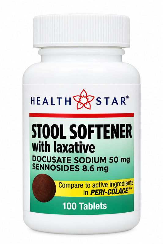 Health Star 软便通便复方片 100片 | 多库酯钠50 mg·番泻苷8.6 mg | Stool Softener with Laxative