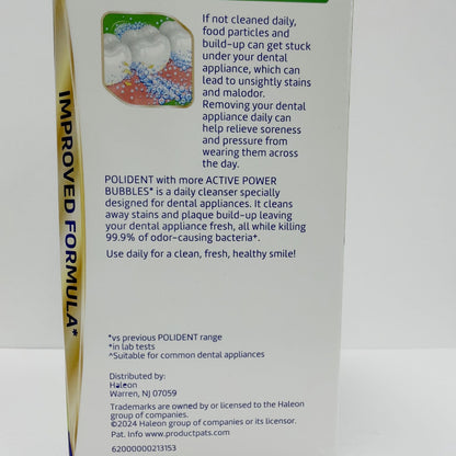 Polident® Tabletas limpiadoras blanqueadoras de dentaduras postizas de acción profunda nocturna, 90 unidades | Elimina el 99.9% de las bacterias, manchas de té y mal olor | Polident Overnight Whitening Denture Cleanser 90ct