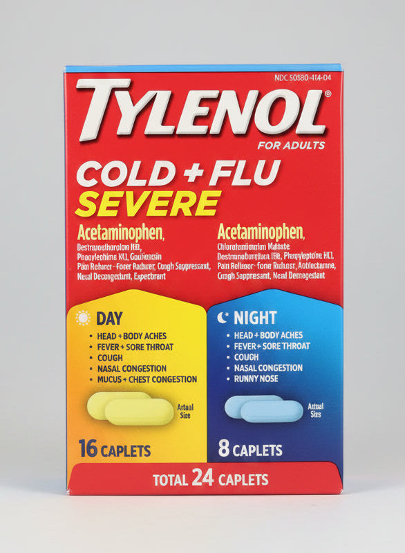 Tylenol 泰诺 成人感冒流感重症胶囊片 24粒 日夜双效 | 止痛退烧镇咳通鼻 | Cold+Flu Severe 24 Caplets