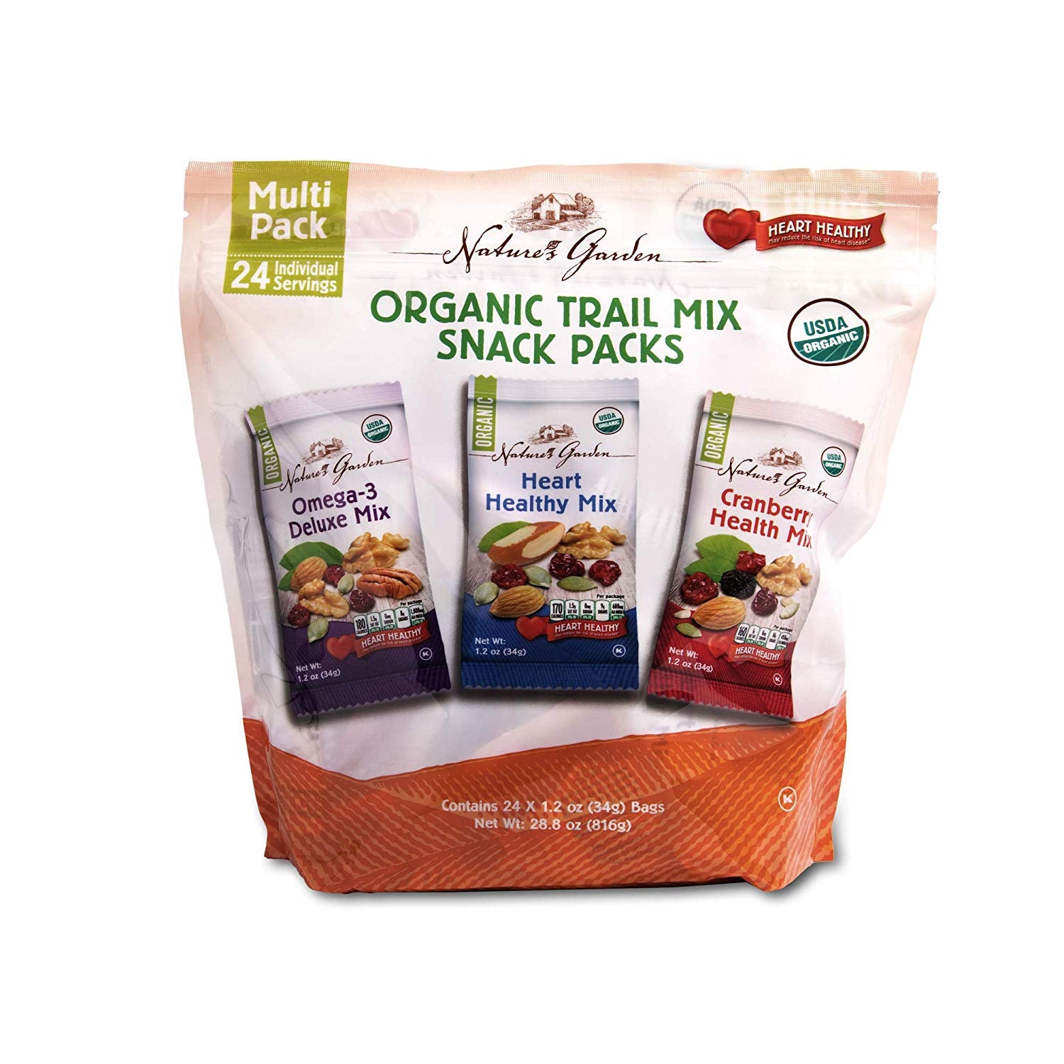 NATURE'S GARDEN ORGANIC TRAIL MIX SNACK PACKS 24 BAGS X 1.2OZ