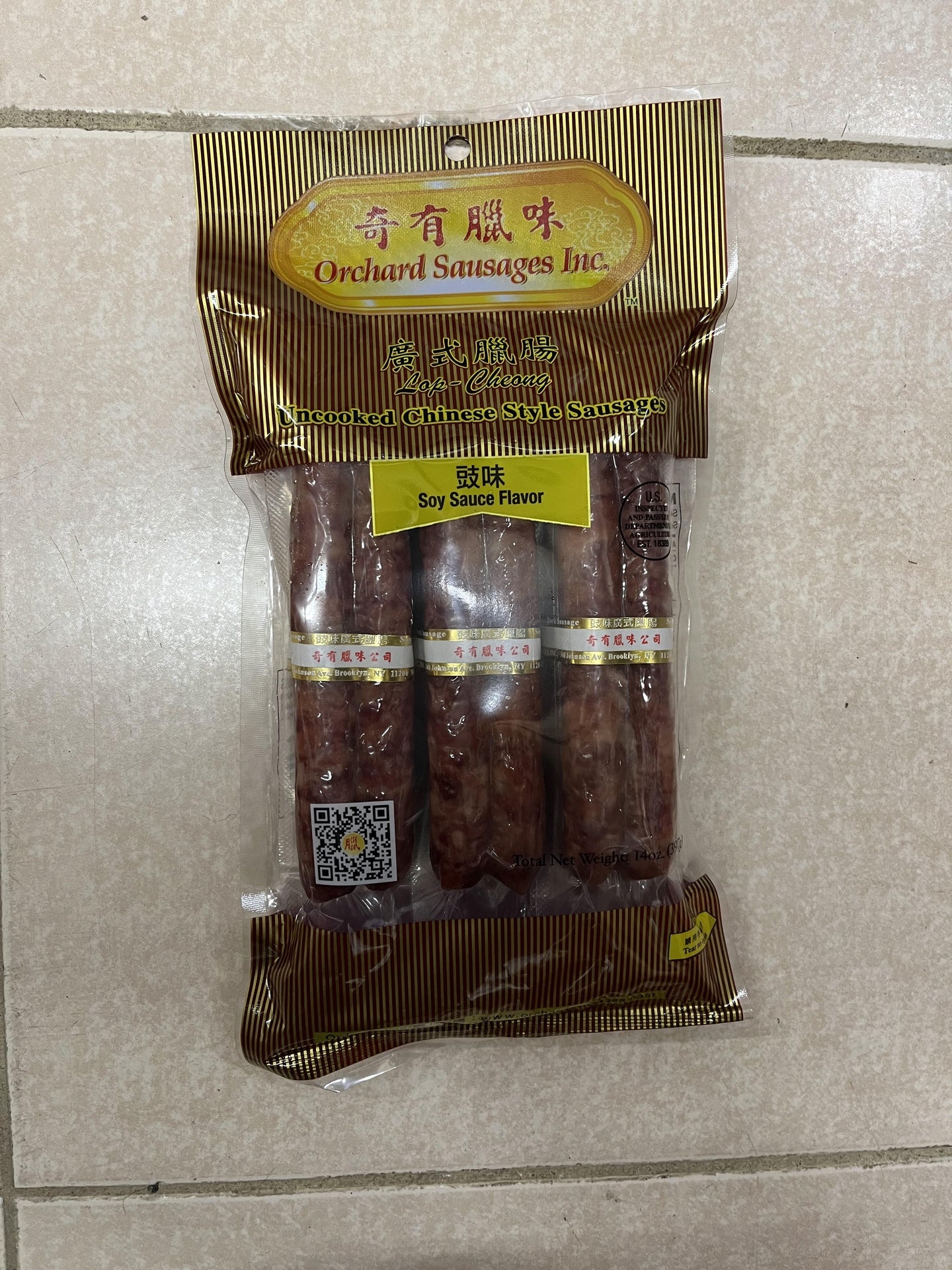奇有腊味 广式腊肠 （豉味） Orchard Sausages Inc Lok-Cheang Soy Sauce Flavor 14OZ