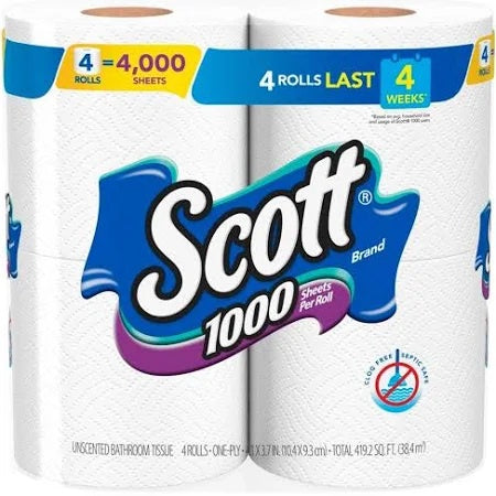 Scott Bathroom Tissue, 1000, Unscented, One-Ply (4 Rolls)
