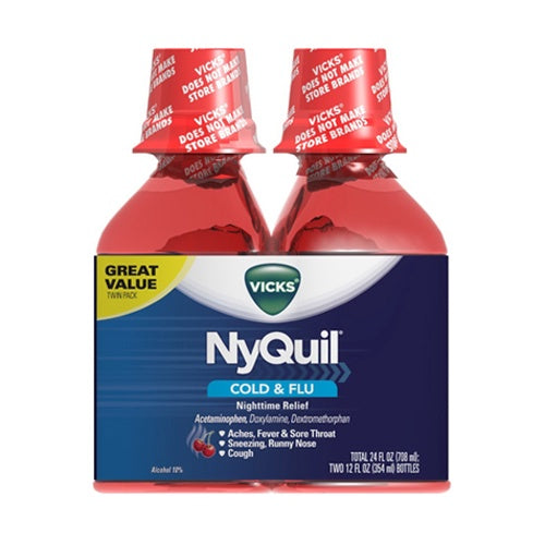 Vicks Nyquil Cold And Flu Night Time Relief Liquid, Cherry Flavor – 12 Oz, 2 Ea