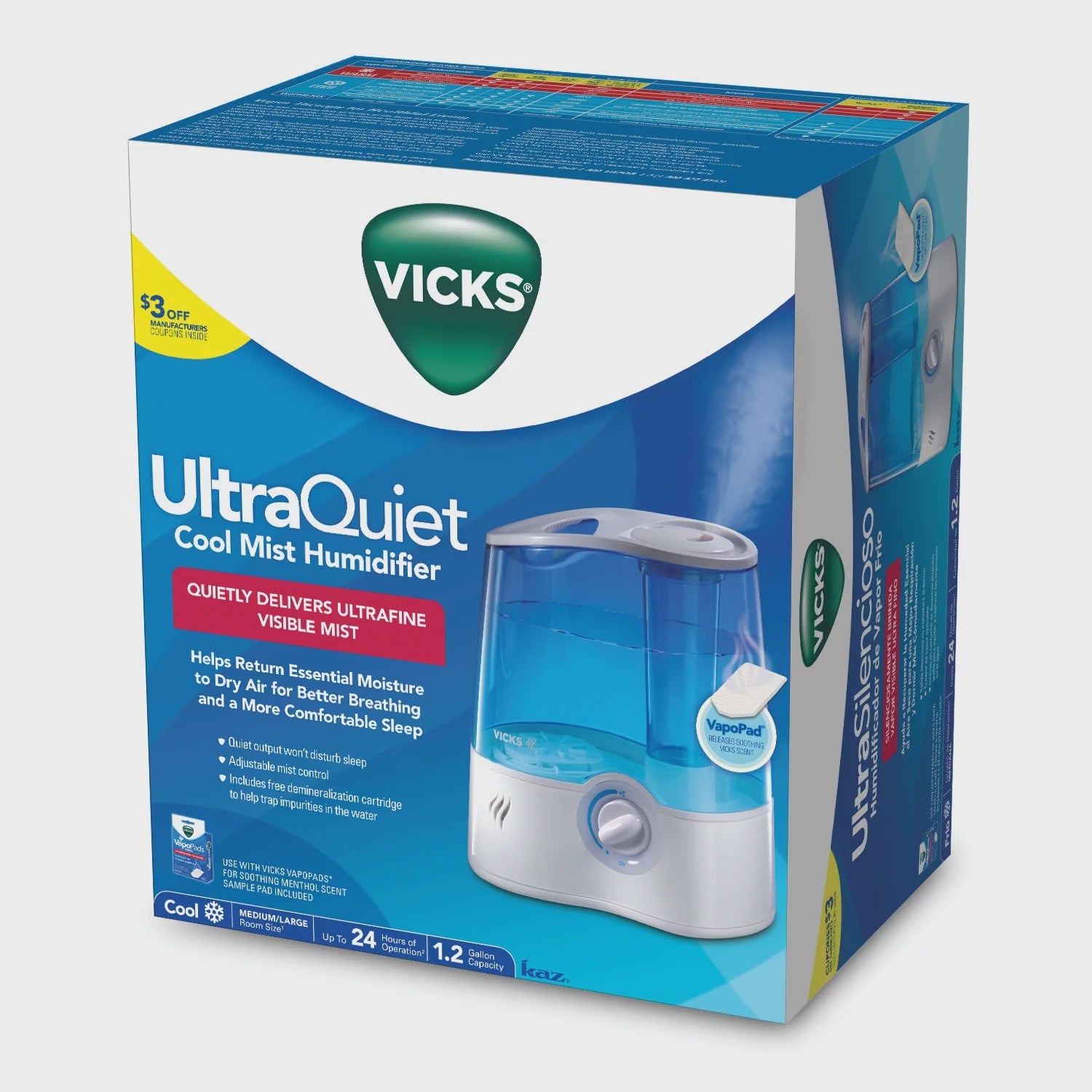 Vicks 1.5 Gallon Ultrasonic Cool Mist Humidifier, V5100, Blue, 600 sq. ft