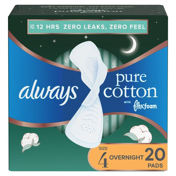 Always Pure Cotton Pads, Overnight, with Wings Unscented, Size 4 20CT