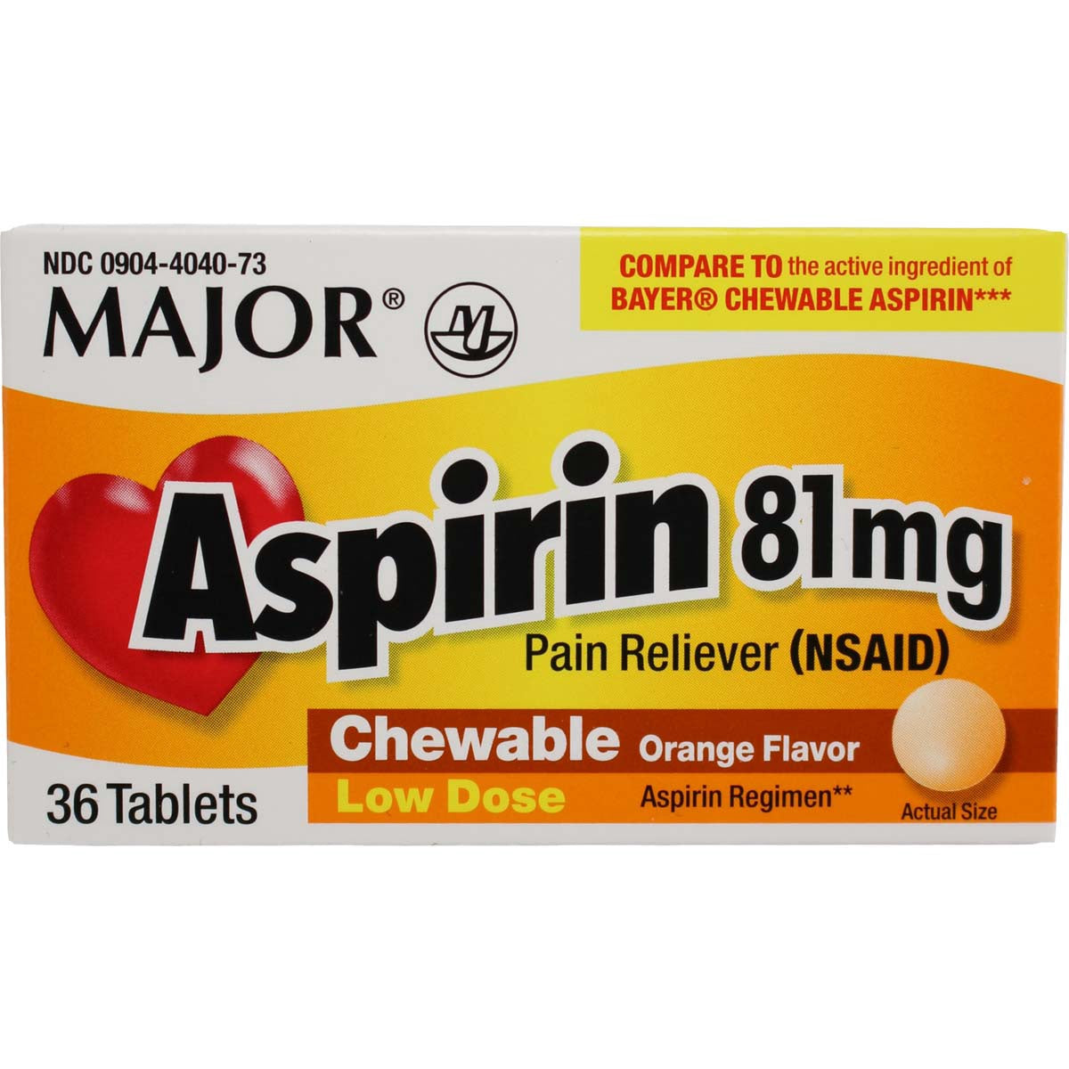 MAJOR Brand CHEWABLE ORANGE FLAVOR ASPIRIN 81mg 36 TABLETS