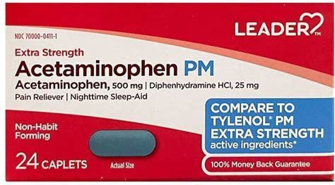 LEADER Extra Strength Acetaminophen PM Non-Habit Forming 500mg, 24Caplets