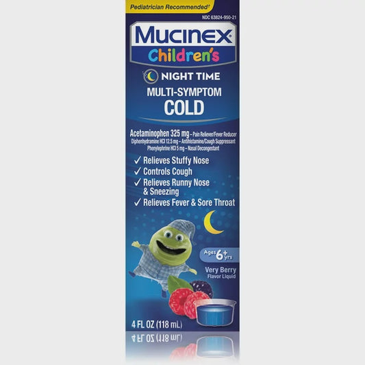 MUCINEX CHILDREN'S MULTI SYMPTOM COLD NIGHTTIME LIQUID MIXED BERRY 4 OZ