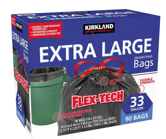 Kirkland Signature Flex-Tech 33-Gallon Trash Bag, 90-count