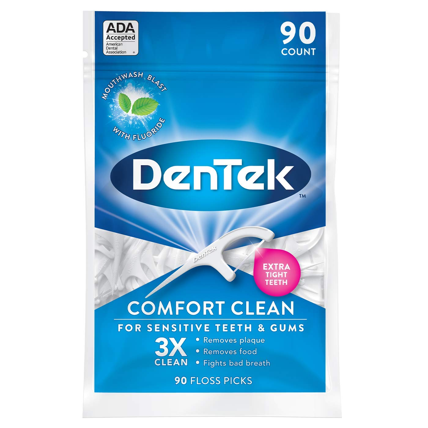 Dentek Comfort Clean Soft & Silky Floss Picks Sensitive Gums, Mouthwash Blast, 90ct