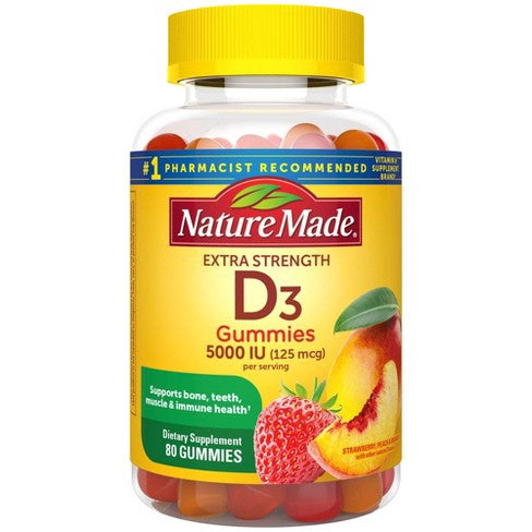 Nature Made Vitamin D3 125 mcg Gummies Extra Strength Strawberry, Peach & Mango - 80 ct