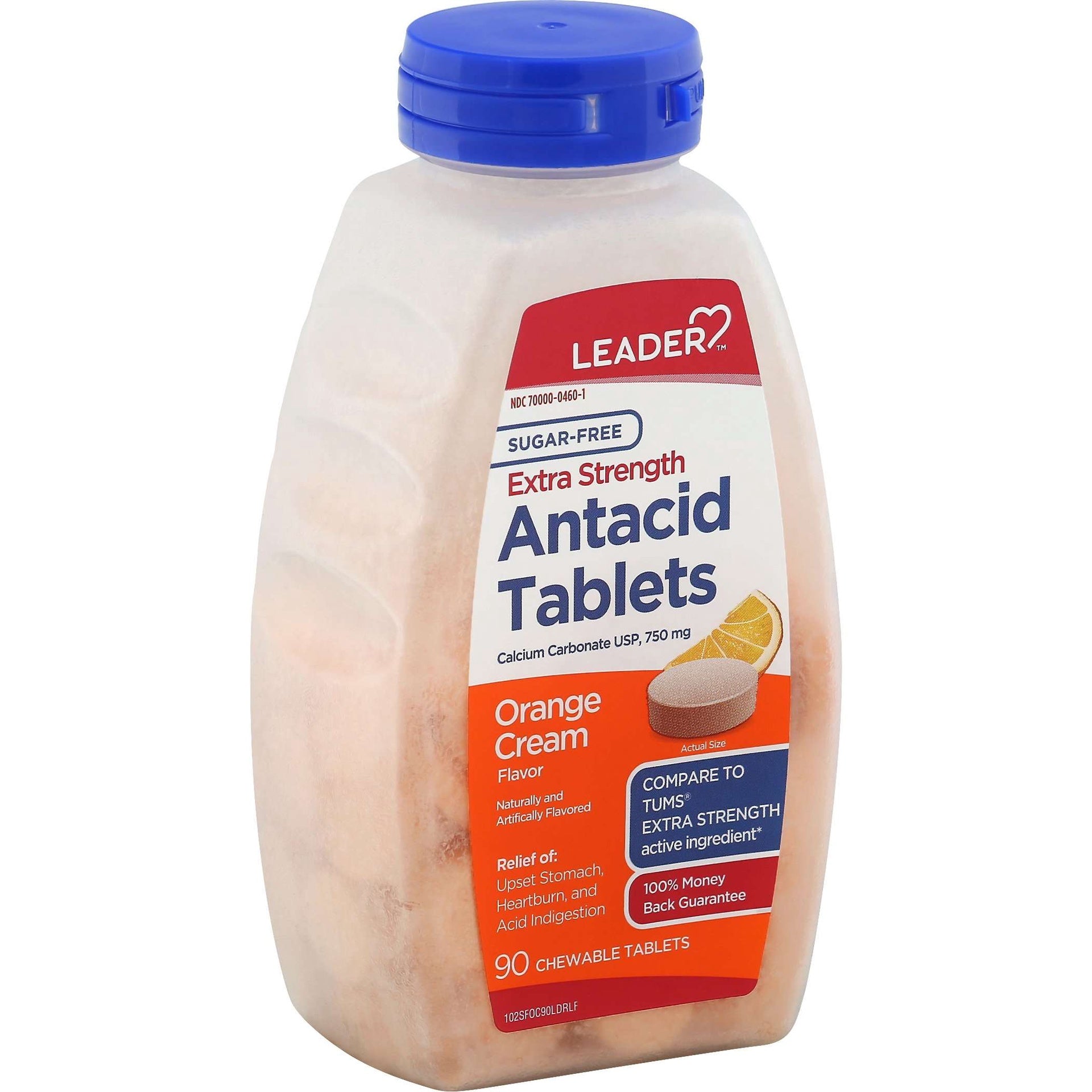 LEADER(TM) ANTACID EXTRA STRENGTH CHEWABLE TABLETS ORANGE CREAM SUGAR FREE 90 CT