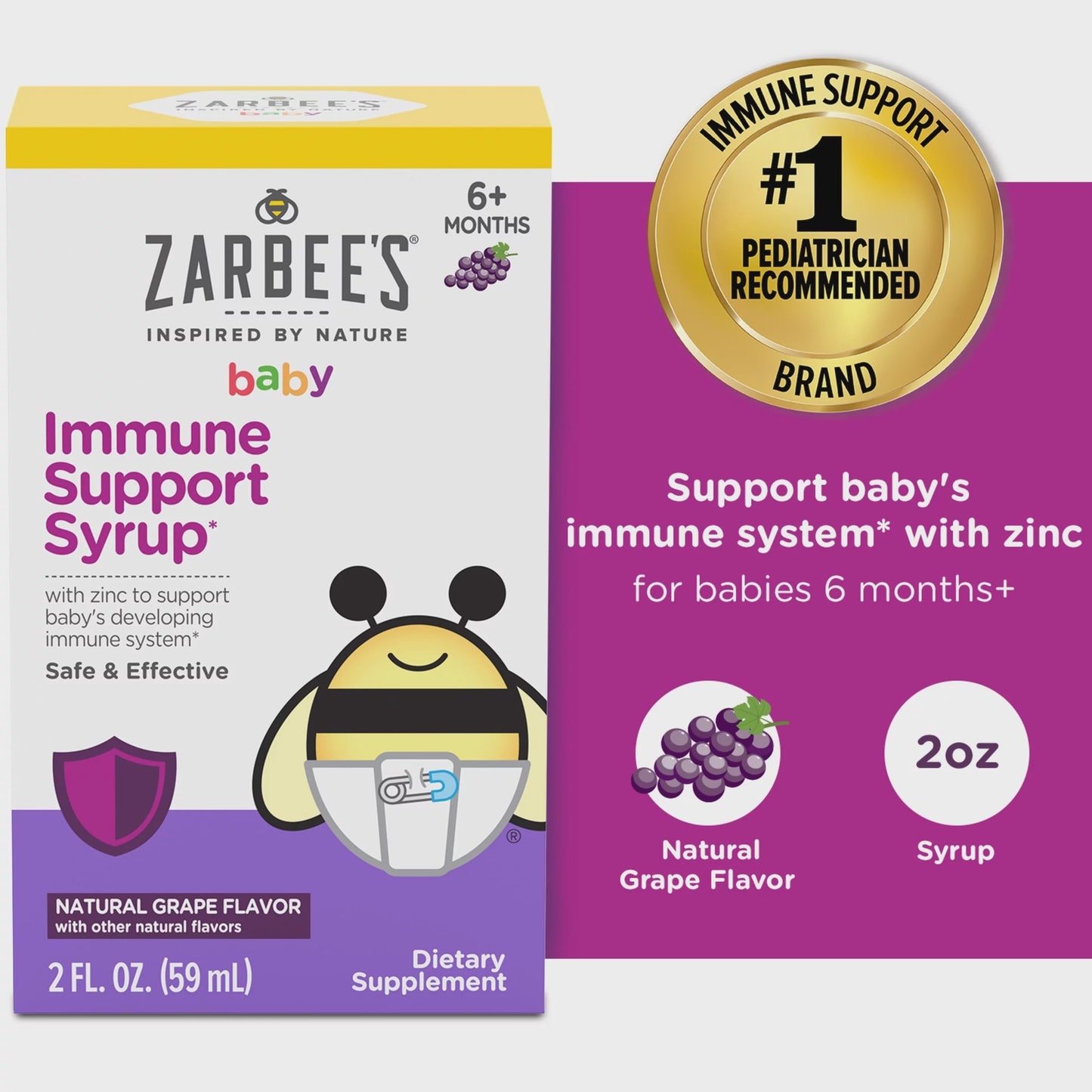 Zarbee's Baby Cough Syrup + Immune With Organic Natural Grape Flavor - 2 Fl Oz